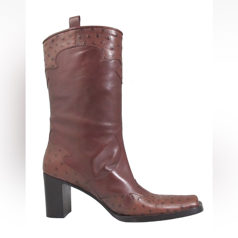Via Spiga Women's WEST Square Toe Pull Up Ostrich Mid Calf Boots Size 6